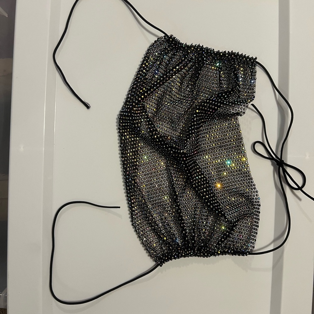 Black Rhinestone Drawstring Top